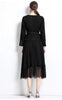 Elegant Women U Collar Long Sleeve Pleated Midi Dress Runway Spring Tweed Patchwork Chiffon Lace Trims Belt Party Vestidos