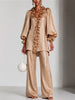 Women 2 Piece Outfit Satin Ruffle V‑Neck Lantern Sleeve Blouse High Waist Wide-leg Pant Set Elegant Party Evening Two‑Piece Suit
