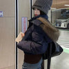 Korean Fur Collar Hooded Parkas Ladies Design Cropped Cotton Padded Winter Jacket Female Blue Casual Warm Parka Coats