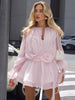 Women's Mini Dress Solid Stacked Ruffle Bandage Full Sleeve O-neck Appliques Ribbons Belt Bodycon Mujer Streetwear