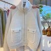 Ladies High Collar Knitted Sweater Coat Double Pocket Lazy Style Warm Autumn Zipper Knitwear Patchwork Sweatshirt