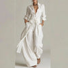 Vintage Solid High Waist Belted 2 Piece Sets Long Sleeve Button Lapel Shirt And Wide Leg Pants Woman Outfit Spring Vacation Suit