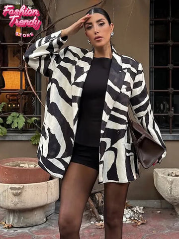 Women Zebra Print Oversized Blazer Shawl Lapel Long Sleeve Open Front Loose Fit Casual Outwear Office Business Jackets