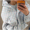 Floral Print Zip Button Stand Collar Quilted Jacket Drawstring Waist Oversized Autumn Women Coat Casual Chic Lady Outerwear