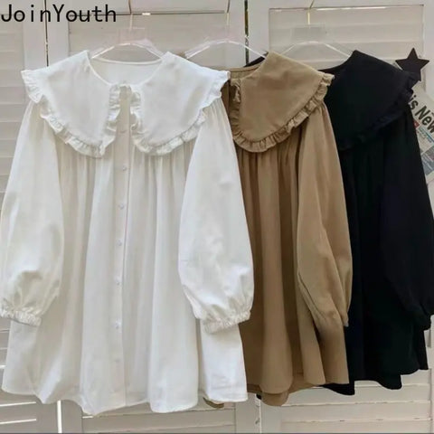 Dresses for Women Ruffles Peter Pan Collar Long Sleeve Oversized Robe Femme A-line Sweet Shirt Dress Vestidos De Mujer