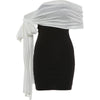 Color Blocking Dress Women Patchwork Bandage Tassel Folds Slash Neck Prom Party Elegant Style Classic Mini Bodycon