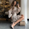 Autumn Women's Skirt Two Piece Set Bow High Waisted Chiffon Drawstring Dress Suit Ladies Sexy See Through Dress