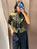Green Stand Collar Napoleon Cropped Jacket Women Full Sleeve Shoulder Pad Jackets Spring Lady Street Outwear