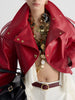 Edgy Faux Leather Cropped Jacket for Women Lapel Snap Button Irregular Pleated Ruffle Hem Long Sleeve Biker Coat
