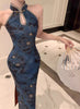 Chinese Style Woman Jacquard Satin Shoulder Digging Improved Slim Fit Cheongsam Printed Waist Cinching Dress Long S