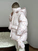 Women's Floral Print Hooded Puffer Jacket with Bow Decor Cute Oversized Winter Warm Coat Loose Casual Feminine Outerwear