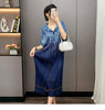 Pleated Faux Denim Dress Women's Chic Single Breasted Lapel Half Sleeve Mid-Length Dresses Loose Casual 2DB4371