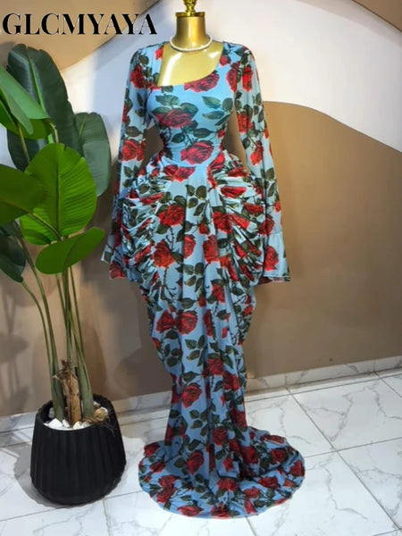Women Floral Tie Dye Print Stacked Ruched Long Sleeve A-line Maxi Long Dress Birthda Party Education Dresses