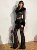 Sexy Jacquard Women 2 Piece Set Fur Patchwork Single-Button Jacket+Flare Pants Matching Midnight Party Clubwear Suits