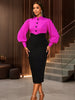 Women Elegant Church Dresses Mock Neck Long Lantern Sleeves Buttom Up ColorBlock Package Hip Party Office Ladies Business Wear