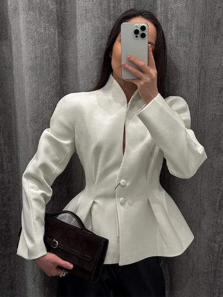 Deep V Stand Collar Peplum Blazer Long Sleeve Tailored Fitted Waist Flared Hem Spring Elegant Office Women Jacket
