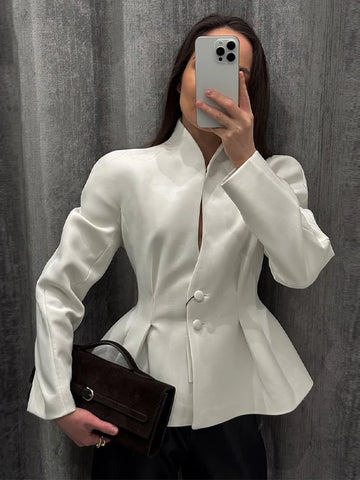 Deep V Stand Collar Peplum Blazer Long Sleeve Tailored Fitted Waist Flared Hem Spring Elegant Office Women Jacket