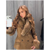 Women Suede Faux Fur Trim Jacket Fur Lapel Collar Cuffs Double Breasted Fitted Waist Long Sleeve Coats Vintage Warm Winter Coat