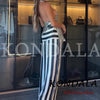 Fall Striped Patchwork Women Blue Suit Neck-mounted Vest+ Modern Straight Pants Night Party Streetwear Set