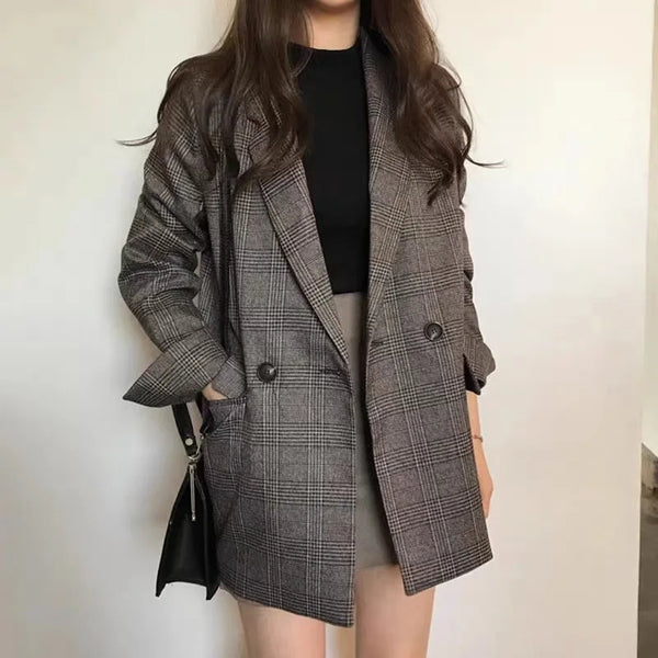 Spring Autumn Style Korean Casual Western-style Clothes Vintage Plaid Cotton Lapel Lesson Slims Women's Blazer Coat