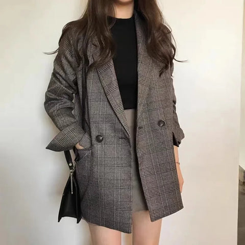 Spring Autumn Style Korean Casual Western-style Clothes Vintage Plaid Cotton Lapel Lesson Slims Women's Blazer Coat