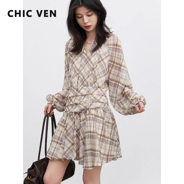 Women Dresses V Neck Loose Casual A Line Lace Up Long Sleeved Plaid Dress Puff Sleeve Spring Autumn