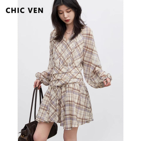 Women Dresses V Neck Loose Casual A Line Lace Up Long Sleeved Plaid Dress Puff Sleeve Spring Autumn
