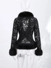 Street Faux Fur Lace Spliced Women's Jacket Black Slim Waist Lapel Long Sleeve Sexy Jackets Y2K Autumn Lady Coats