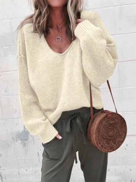 Casual Knitted Sweater Women Streetwear V Neck Long Sleeve Pullovers Loose Solid Coat Autumn Winter Women's Sweater