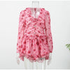 Women Elegant Floral A-line Pleated Dress Sexy Long-sleeved Waist Cinching Ruffle Mini Dresses Lady Vacation Street Gowns