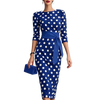 Women Polka Dot Bodycon Midi Dress 3/4 Puff Sleeve Boat Neck Contrast White Tie Waist Slim Pencil Formal Wedding Guest Dresses