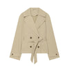 Women Short Trench Coat Lapel Double Breasted Belted Waist Long Sleeve Cropped Windbreaker Casual Commuter Outerwear