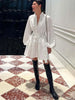Elegant White Cotton Women's Dress Casual Ruffled Collar Long Sleeve Single Breasted Dresses Lace-Up Mini Dresses