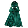 Spring Autumn European American Stand Up Collar Single Breasted Lace Dress Women Elegant Embroidery Large Swing Long Dress C205