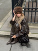 Ladies Winter Retro Fur Collar Leather Jacket V‑Neck Full Lapel Long Sleeve Double Breasted Urban Warm Casual Outer