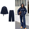 Women 2 Pieces Sets With Belt Denim Jackets & Vintage Front Zipper Jeans Trousers Feamle Chic Lady Pants Sets