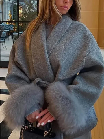 Women Grey Fur Splicing Woolen Coat Casual Belt Full Sleeve Lapel Loose Cardigan Outwear Lady Winter Highstreet Jacket