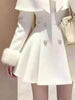 French Elegant Vintage Woolen 2 Piece Set Women Faux Fur Collar Cape + Fit Chic Dress Winter A-Line Retro Party Outfits