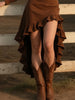 Women's Retro High Low Ruffle Hem Dress Long Sleeve Turn Down Collar Chic Ethnic Western Cowboy Slim Midi Dresses Autumn