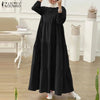 Autumn Women Long Vestidos Muslim O Neck Islamic Hijab Casual Loose Maxi Dress Tiered Long Sleeve Abaya Robes