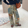 Autumn Winter Niche Design Print Contrast Color Loose Jeans For Women Straight Wide-leg Denim Pant 1A1517