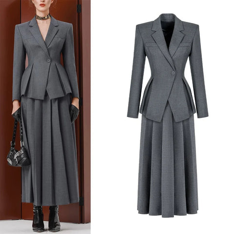 Autumn Winter Office Lady Elegant Two Piece Skirt Set Dress Elegant Workwear Gray Blazer+Pleated Skirt Outfits