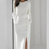 Women's Solid Color Long Sleeves Elegant Midi Dress with Button Details and Side Slit - Crew Neck