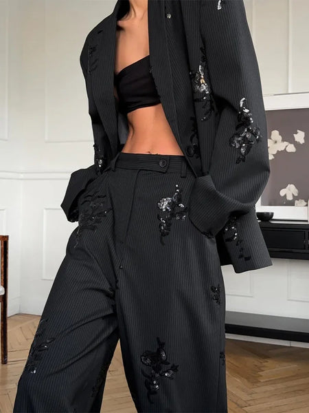 Women Sequin Embroidery Blazer Long Suit Set Solid Full Sleeves Lapel Loose Wide-leg Office Suits Lady Collection Wear