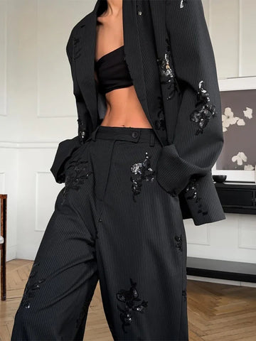 Women Sequin Embroidery Blazer Long Suit Set Solid Full Sleeves Lapel Loose Wide-leg Office Suits Lady Collection Wear