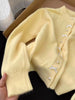 Women's Sweater Gentle Style Long Sleeve Pearl Button Top Spring Autumn O-Neck Sweet Bow Yellow Knitted Cardigan Coat
