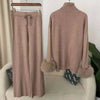 2 Pieces Sets For Women High Neck Loose Sweater With Fox Fur Cuffs Wide Leg Trousers Spring Winter 2DB1757
