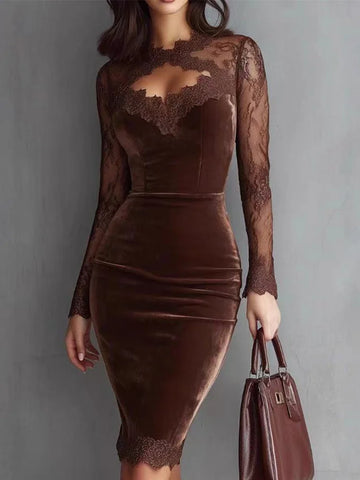 Women's V-Neck Lace Sheer Bodycon Dress Long Sleeve Sexy Transparent Casual Dress Waist A-Line Mid-Length Designer Dress