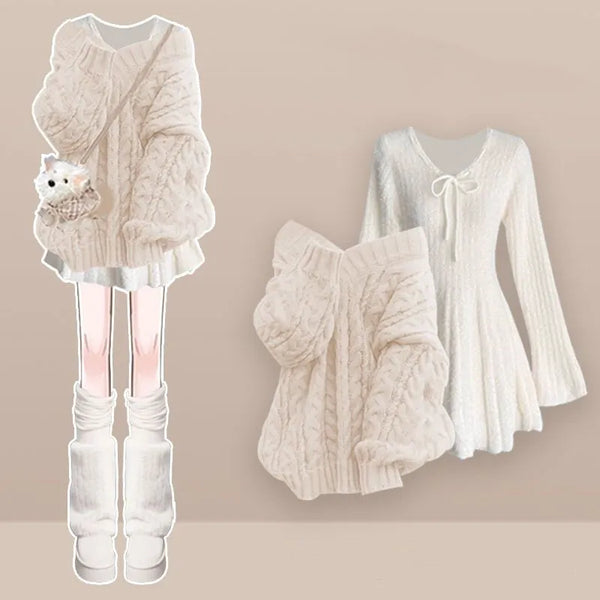 Women's Winter Knitted Sweater Midi Skirt Matching Set Korean Elegant Pullover+Long-sleeve Dress Two Piece Suit