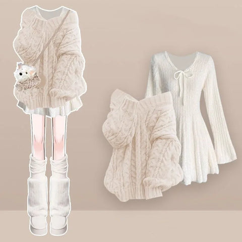 Women's Winter Knitted Sweater Midi Skirt Matching Set Korean Elegant Pullover+Long-sleeve Dress Two Piece Suit